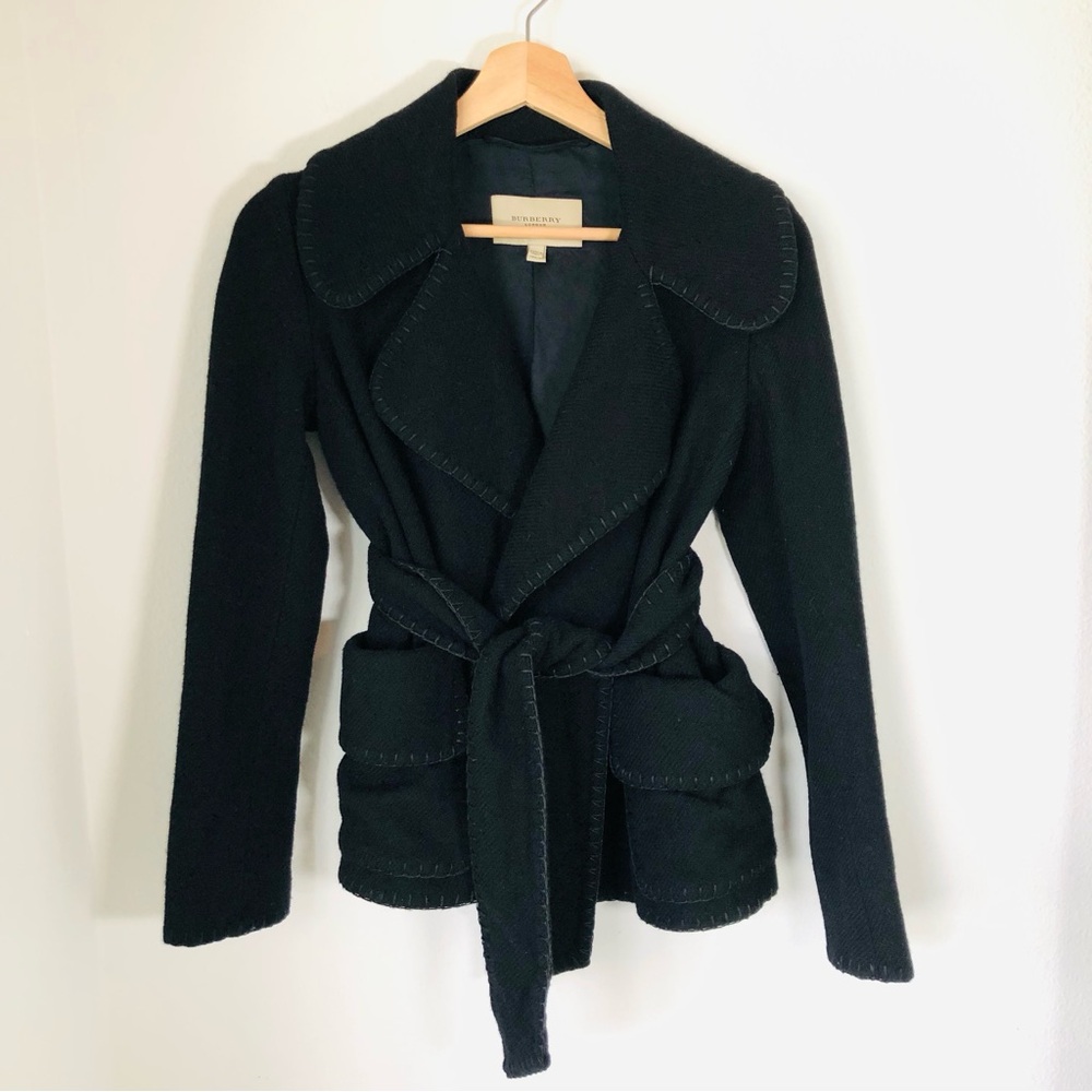 Burberry Vintage Black Lambswool Wrap Jacket Coat Belted Women’s 2 Made in Italy